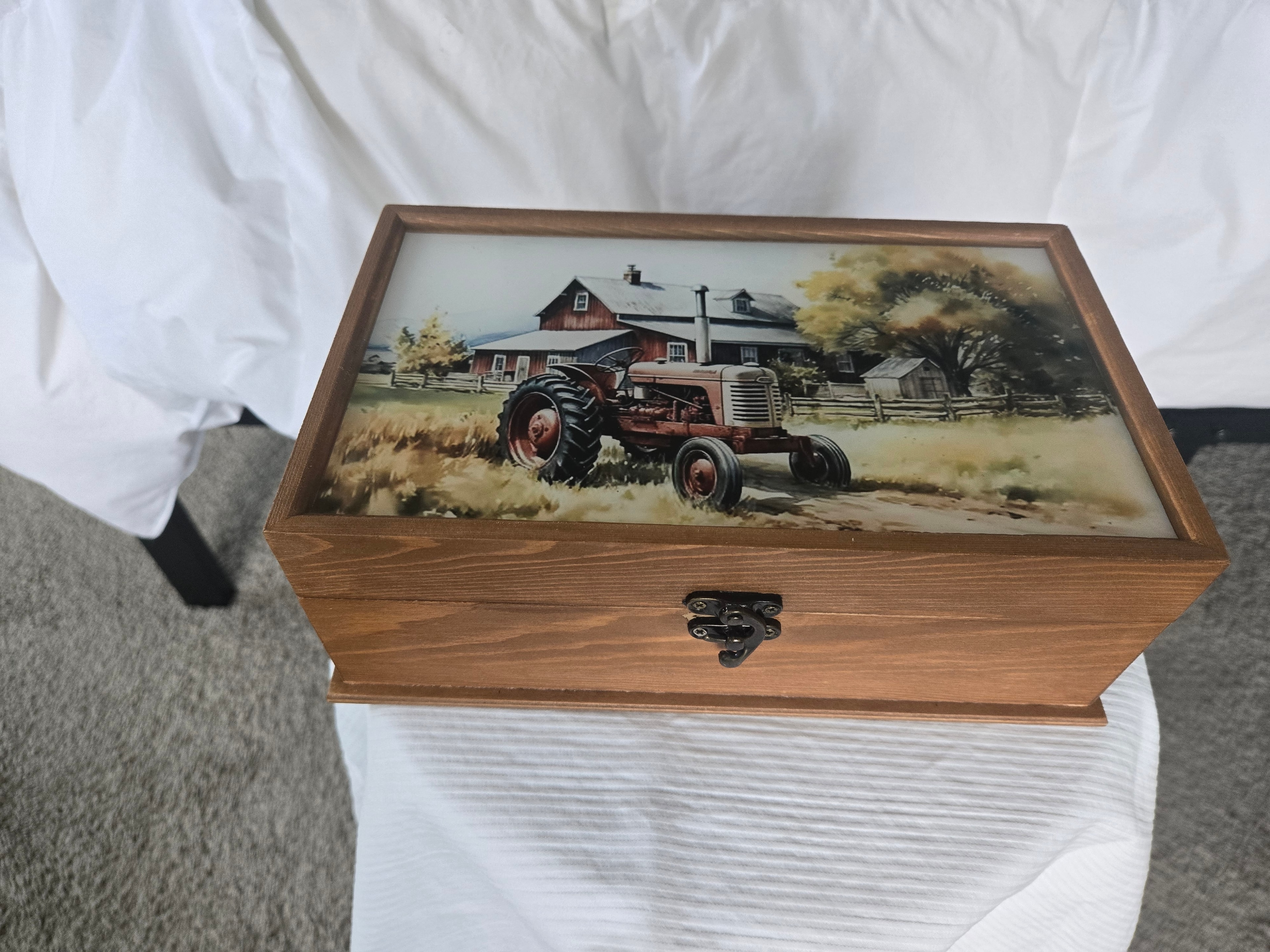 Wooden box with a vintage farm tractor artwork